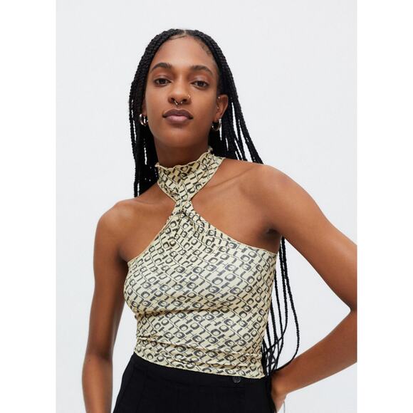 NWT Urban Outfitters Alba Halter Top Black Beige Printed Racerback Size Small - Picture 2 of 14